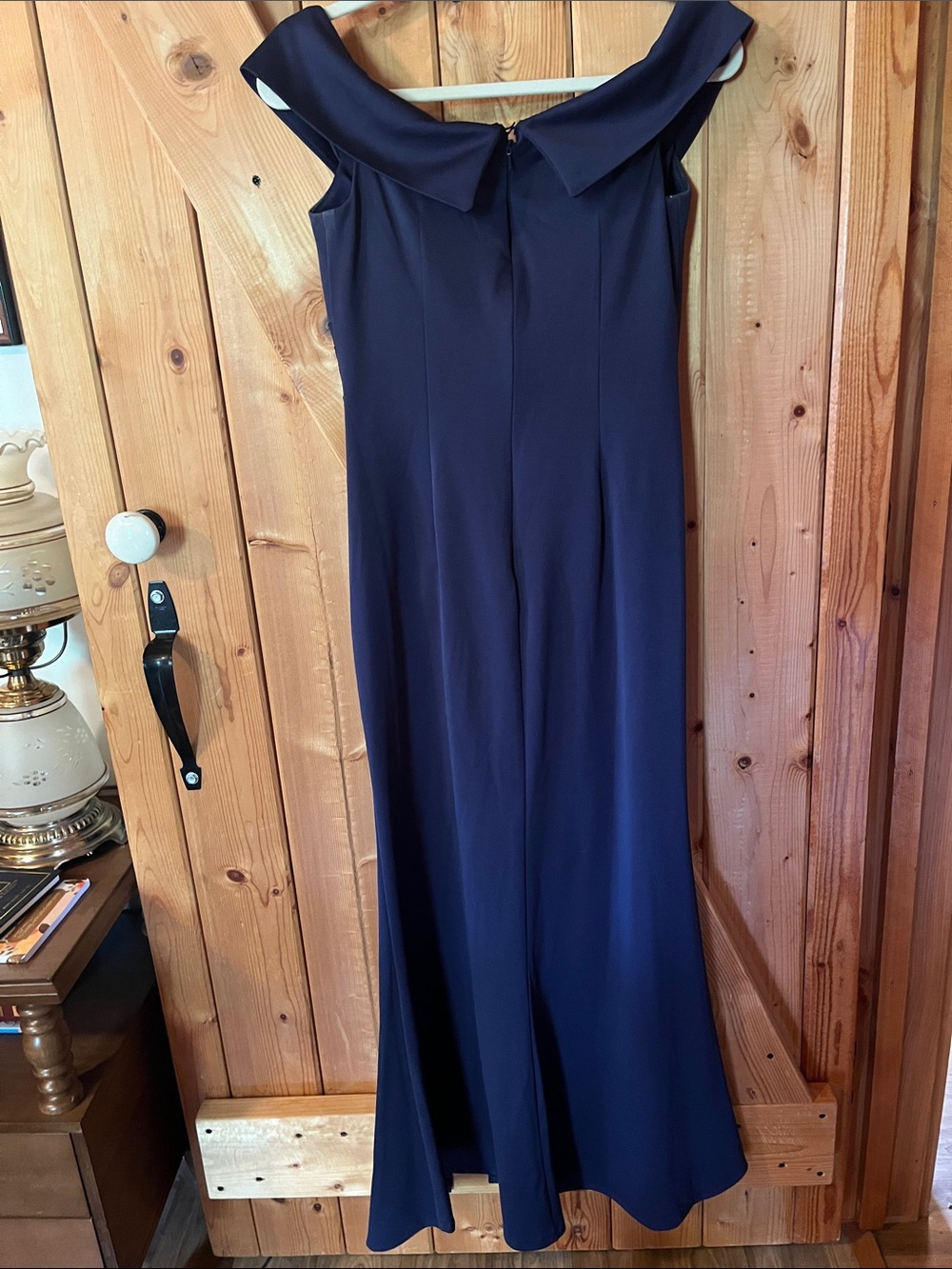 Oleg Cassini Navy Off-Shoulder gown with Beaded Applique - Picture 6 of 8